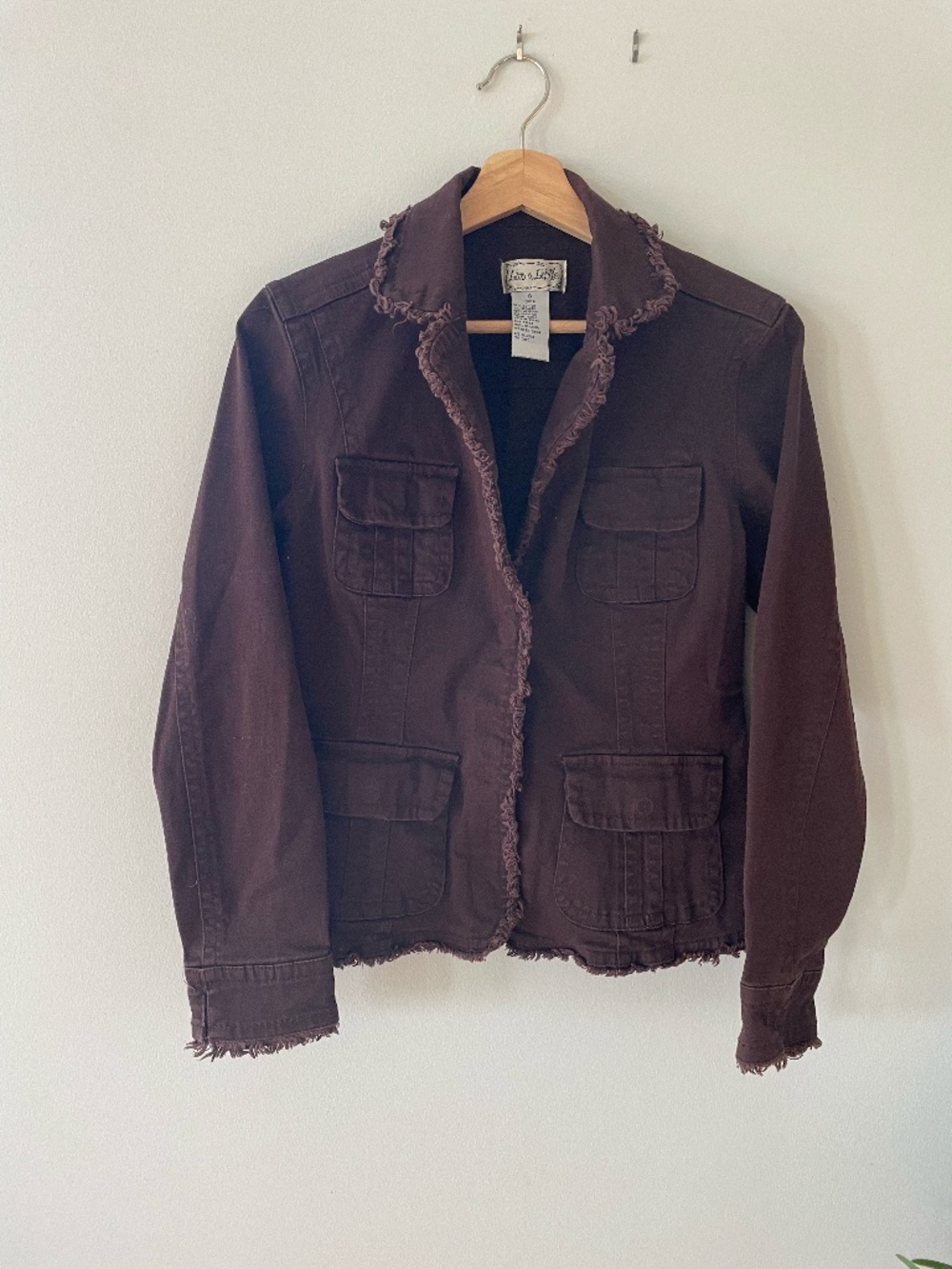 LIVE A LITTLE Brown Denim Jacket Frayed Hem Distressed Edge Size S